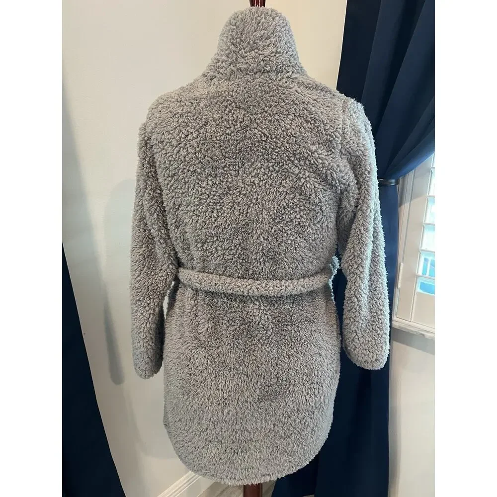 NATORIE Josie Plush Thigh Length Robe-Small-Pockets-Tie Closure-Gray-Soft-Lounge